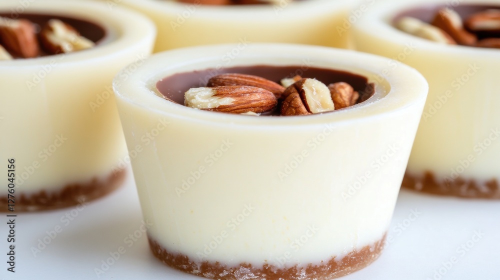 Close Up of White Chocolate Cups Topped with Nuts On Bright Background Close Up of White Chocolate Cups Topped with Nuts On Bright Background