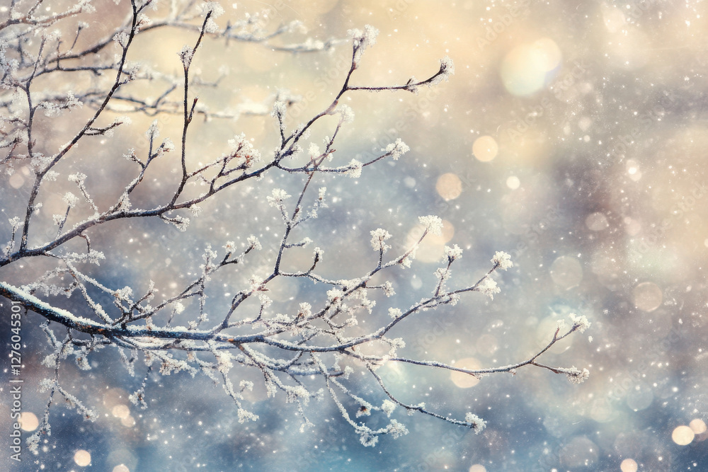 Snow-covered tree branches with delicate snowflakes in winter landscape Snow-covered tree branches with delicate snowflakes in winter landscape