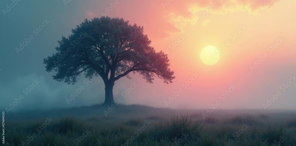 Fototapeta premium Wavy misty aura surrounding a lone tree in a vast open space, mysterious, atmosphere
