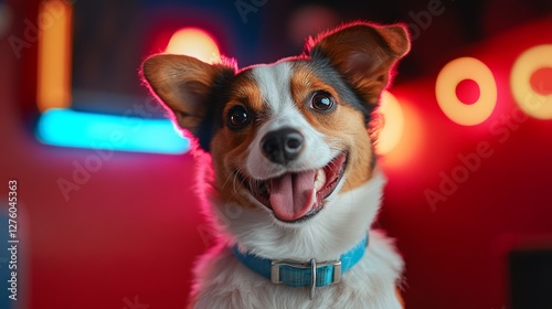 A dog with a playful expression in a vibrant urban setting