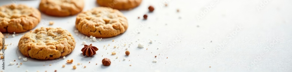 Warm spiced cookie pieces scattered on a snowy white background, cookies, spices Warm spiced cookie pieces scattered on a snowy white background, cookies, spices