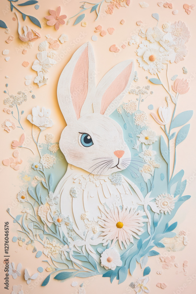 A delicate paper-cut style illustration of an Easter Bunny, beautifully layered with soft pastel hues and floral patterns. A delicate paper-cut style illustration of an Easter Bunny, beautifully layered with soft pastel hues and floral patterns.