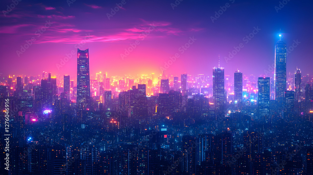 Obraz premium Vibrant city skyline at twilight, urban landscape, night cityscape, aerial view, background for travel brochure