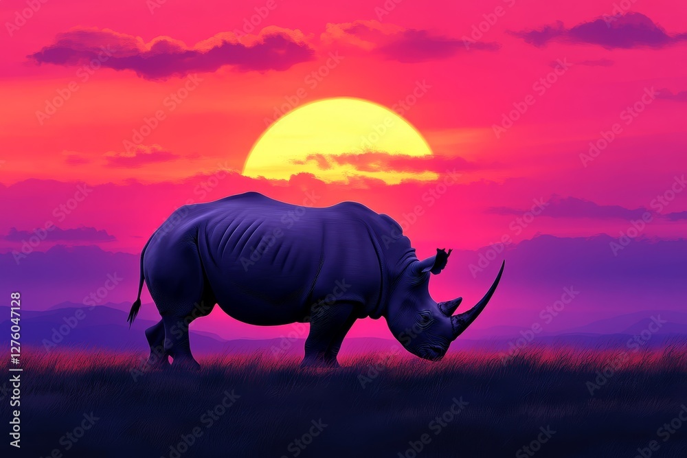 Fototapeta premium Rhino Sunset Silhouette - A majestic rhino silhouetted against a vibrant sunset. Perfect for wildlife, nature, and African themes