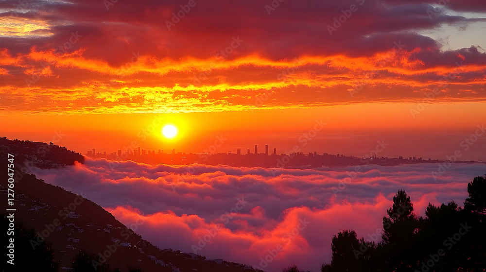 Vibrant sunrise over city, mountaintop view, sea of clouds, idyllic landscape, travel photography Vibrant sunrise over city, mountaintop view, sea of clouds, idyllic landscape, travel photography
