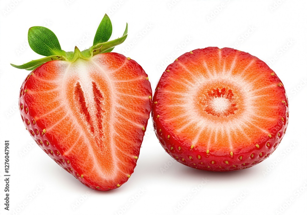 A strawberry with two slices, lengthwise and crosswise, close-up of the strawberry on a white background A strawberry with two slices, lengthwise and crosswise, close-up of the strawberry on a white background
