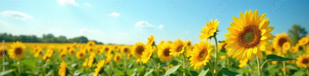 Fototapeta premium Sunflowers sway gently in the breeze under clear blue skies, field, atmosphere