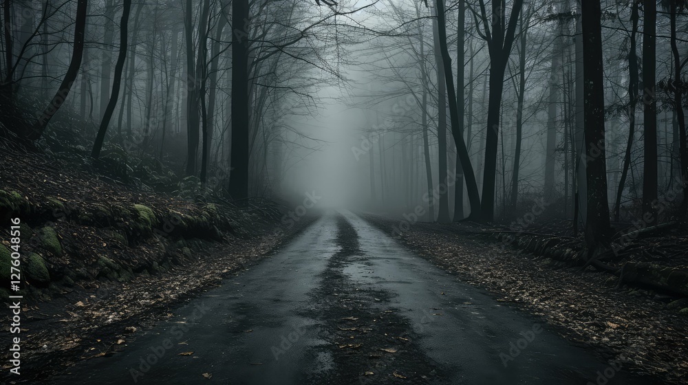 Naklejka premium mist dark forest road