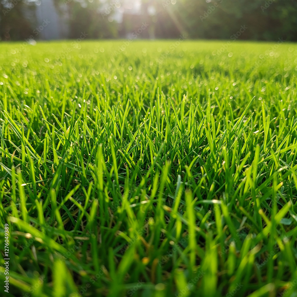 Fototapeta premium Close-up vibrant green grass lawn, natural greenery background texture of lawn garden. The lush blades of grass fill the frame. Lawn for training football pitch, Grass Golf Courses.