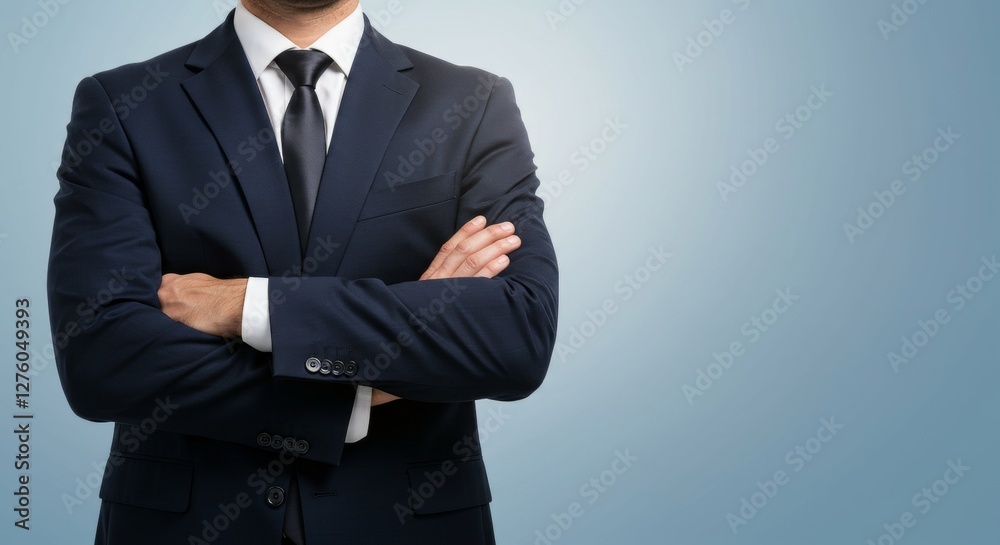 confident businessman. Copy space style , A mid-toned light blue studio backdrop. A man in a dark navy blue business suit, a white dress shirt, and dark tie is centered in the image. confident businessman. Copy space style , A mid-toned light blue studio backdrop. A man in a dark navy blue business suit, a white dress shirt, and dark tie is centered in the image.