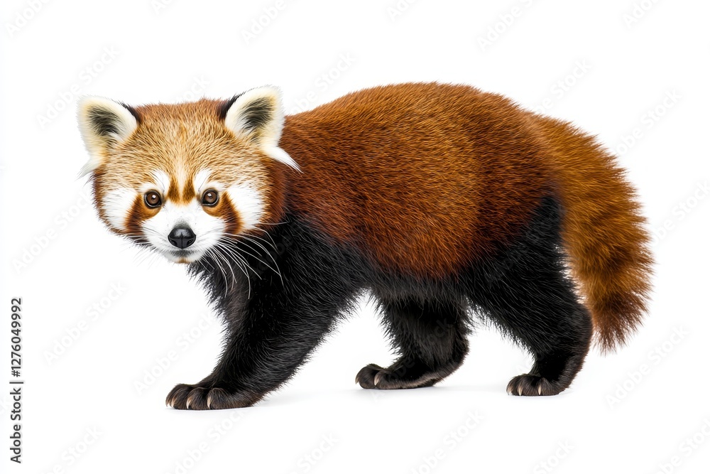 Obraz premium Red Panda Walking on White Background - A red panda walks towards the camera, showcasing its vibrant fur and endearing features against a pristine white backdrop