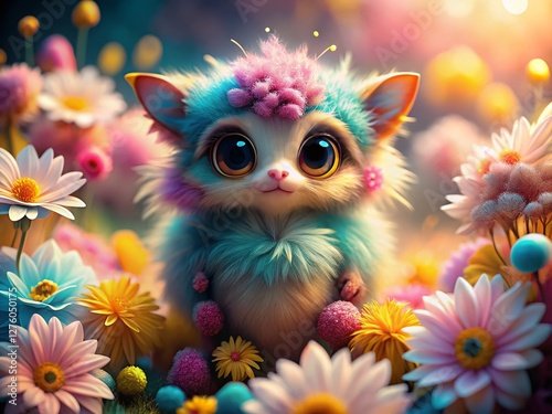 Adorable Furry Alien with Flowers - Cute Macro Photography Stock Photo