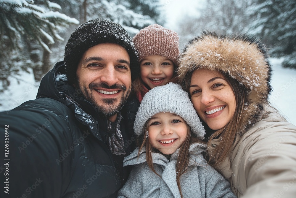 Family Winter Fun: Snowy Day Selfie with Happy Kids and Parents in Winter Wonderland Family Winter Fun: Snowy Day Selfie with Happy Kids and Parents in Winter Wonderland