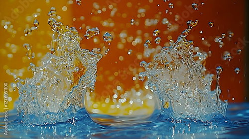 Water splash, dual peaks, orange bokeh background, vibrant, liquid texture, abstract art photo