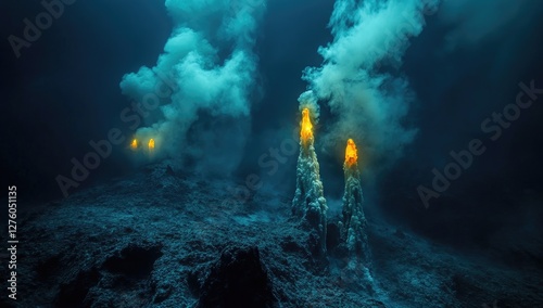 Underwater volcano erupting, hydrothermal vents, ocean floor