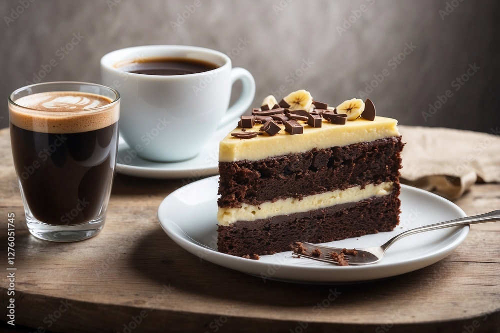 Slice of Chocolate Banana Cake on a Plate Next to a Mug of Aromatic Coffee Slice of Chocolate Banana Cake on a Plate Next to a Mug of Aromatic Coffee