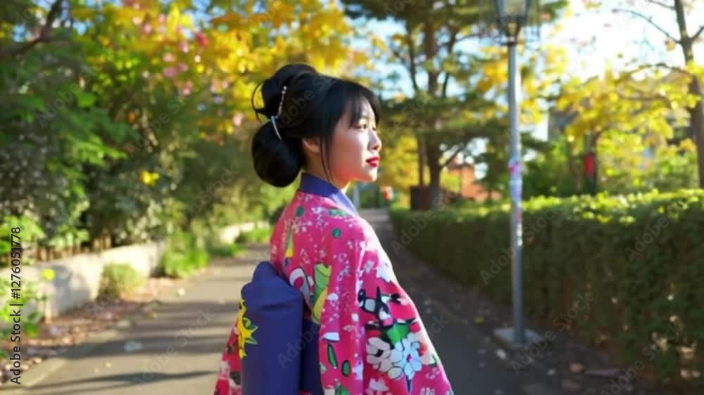 back view of young japanese girl in colorful kimono walking in path. female in traditional costume going to join festival in summer under sunshine. beautiful elegant lady in hanamikoji dori back view of young japanese girl in colorful kimono walking in path. female in traditional costume going to join festival in summer under sunshine. beautiful elegant lady in hanamikoji dori