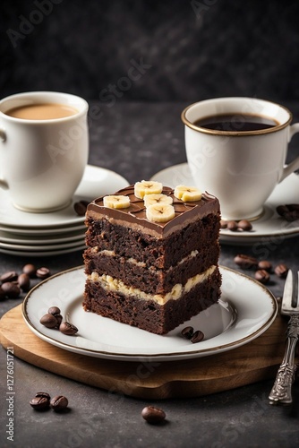 Slice of Chocolate Banana Cake on a Plate Next to a Mug of Aromatic Coffee