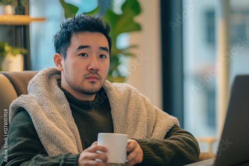 A young man person sitting on a sofa indoor covered with a blanket, holding a hot drink and tissue. They look unwell, with a blown nose, wrapped in a warm blanket, trying to feel better at home during