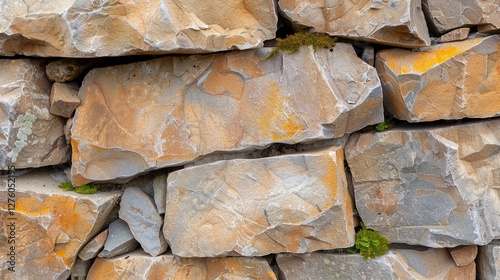 Textured Natural Stones in Varied Colors Forming a Rustic Wall with Green Moss Highlights and Earthy Tones photo