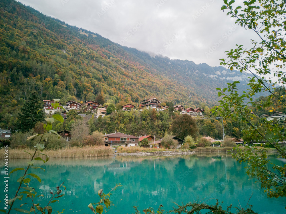 Naklejka premium Fleuve avec petites habitations
