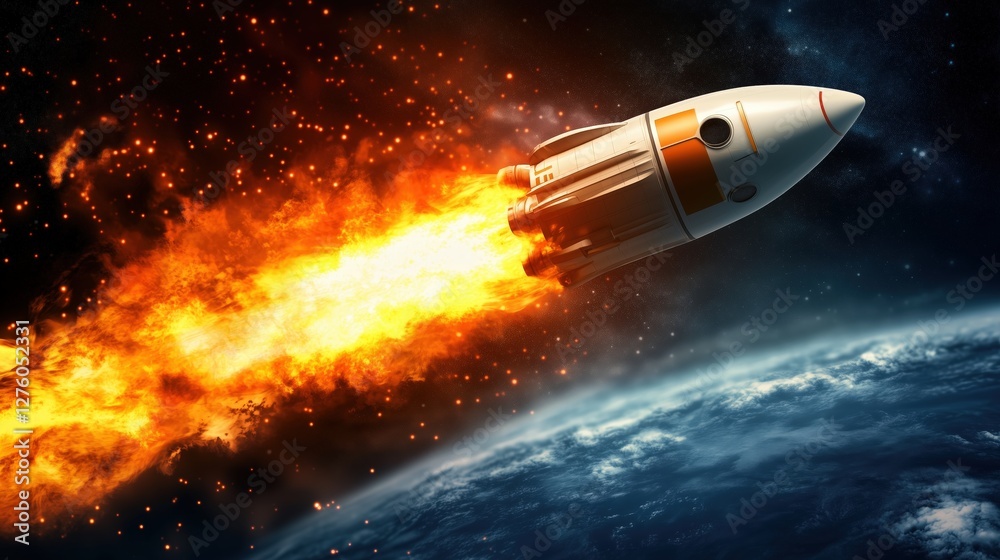 A spaceship breaking through Earth's atmosphere, engulfed in flames and leaving a trail of fire A spaceship breaking through Earth's atmosphere, engulfed in flames and leaving a trail of fire
