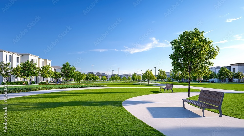 Fototapeta premium A serene park scene featuring lush green grass, walking paths, and benches under a clear blue sky, ideal for relaxation and outdoor activities.