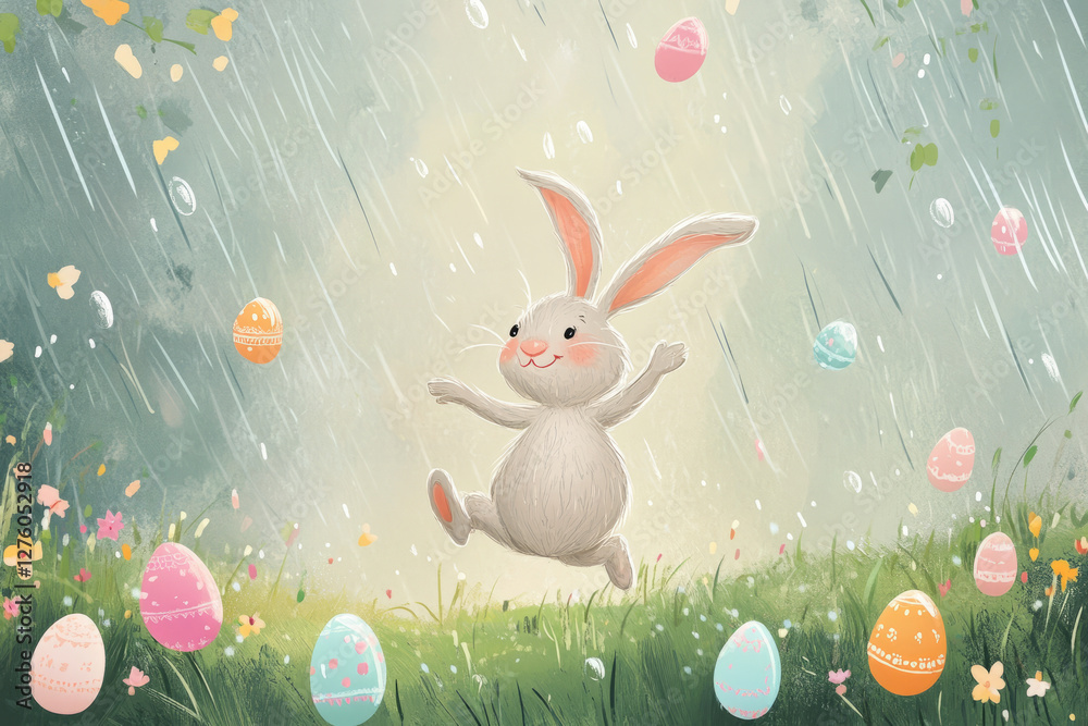 A joyful Easter Bunny dancing under a gentle springtime rain, with tiny raindrops forming into sparkling pastel-colored eggs.