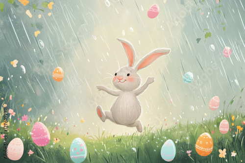 Obraz na płótnie A joyful Easter Bunny dancing under a gentle springtime rain, with tiny raindrops forming into sparkling pastel-colored eggs. w salonie