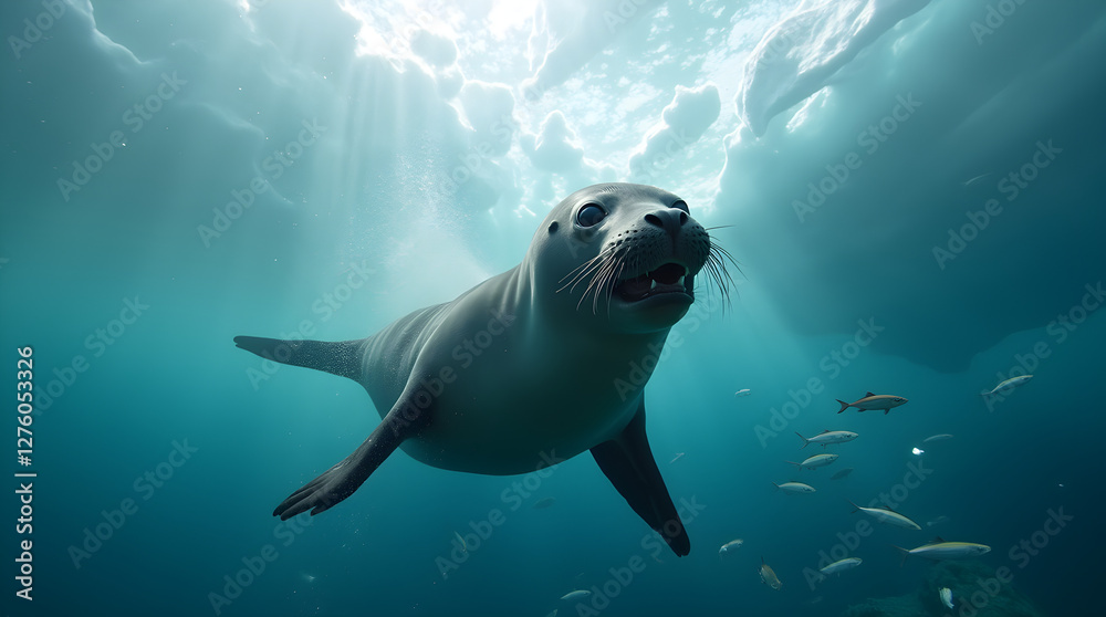 Fototapeta premium A playful sea lion glides effortlessly through crystal-clear ocean waters, surrounded by shimmering fish. This dynamic underwater shot captures the beauty, agility, and grace of marine wildlife.