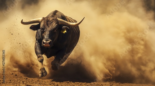 A powerful bull charging forward, dust flying beneath its hooves