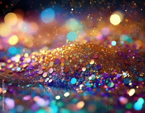 Glitter Particles Magnified – A dazzling display of tiny metallic and iridescent specks photo