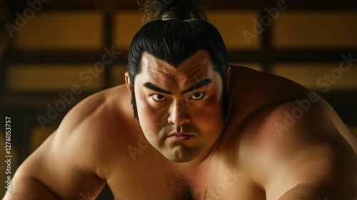 A sumo wrestler preparing for a match, muscles tense and focused