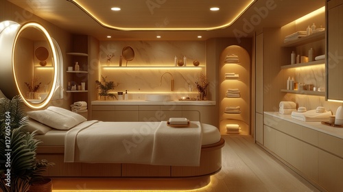 Luxurious yacht spa, serene ambiance, massage bed, ocean view photo