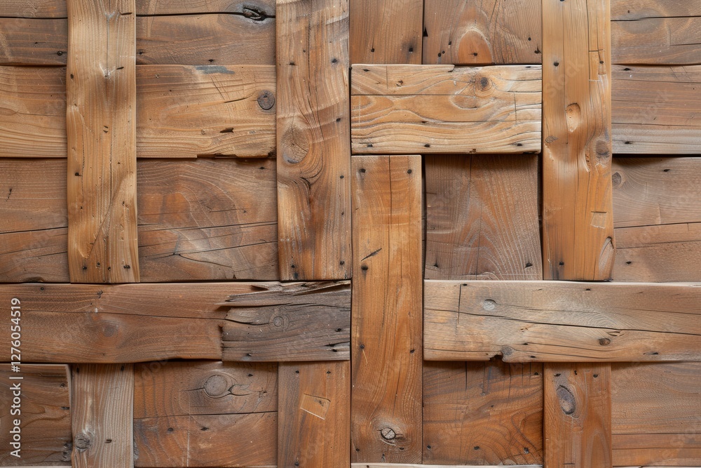 Rustic wooden wall texture with woven planks in natural warm brown tones showcasing unique knots and grains Rustic wooden wall texture with woven planks in natural warm brown tones showcasing unique knots and grains