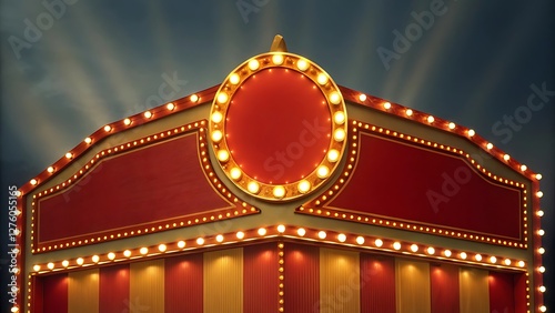 Carnival stage with classic circus marquee, red striped festive background, glowing fairground lights, theatrical amusement park entrance, vintage festival scene with retro illuminated decor