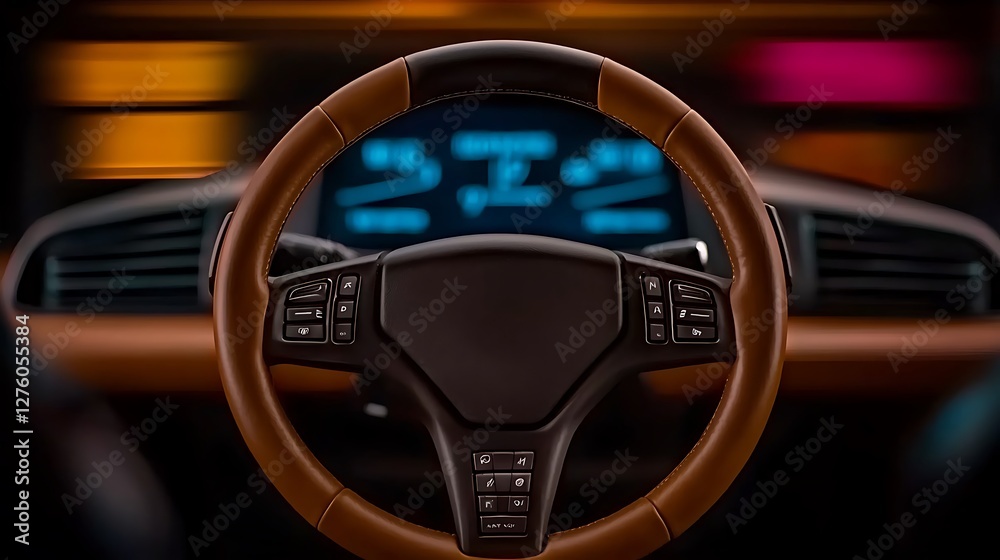Fototapeta premium Close-up of a modern car steering wheel with illuminated dashboard, vibrant background colors