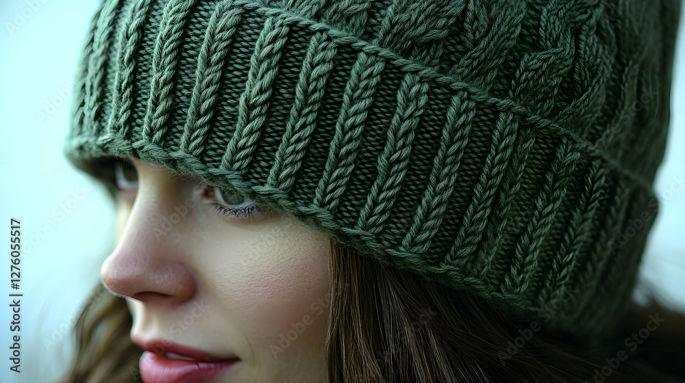 Woman wearing green knit beanie, winter fashion, close-up portrait, blurred background Woman wearing green knit beanie, winter fashion, close-up portrait, blurred background