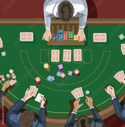 top view poker table with croupier game vegas risk realistic flat vector illustration