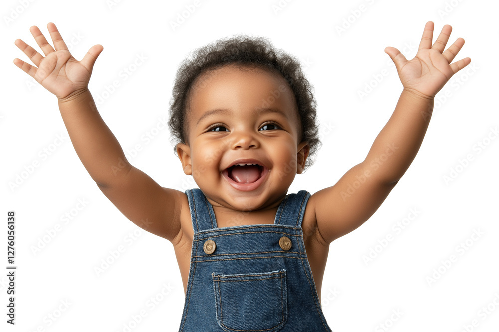 Black toddler in overalls laughing with arms raised isolated on transparent white background Black toddler in overalls laughing with arms raised isolated on transparent white background