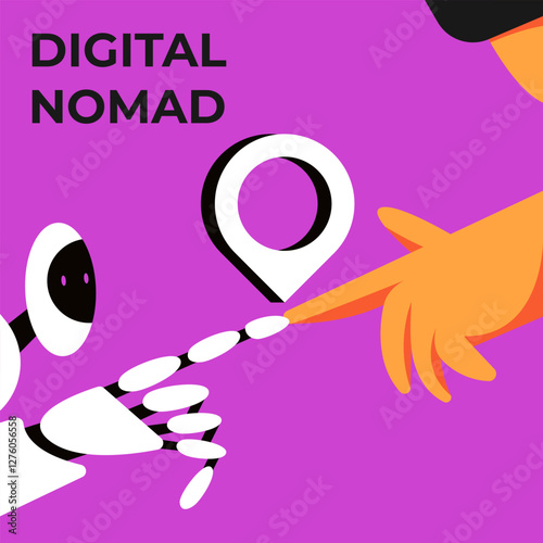 Digital nomad. Freedom to work anywhere by using computer with internet. Work and travel freelancer, remote job concept. Young adult man and AI Robot working on map location pin.