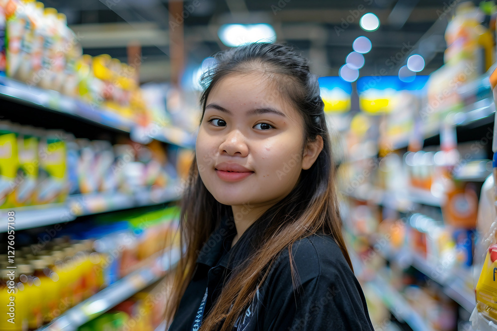 Generative AI Image of a Smiling Supermarket Worker in the Aisle with Products on Display Generative AI Image of a Smiling Supermarket Worker in the Aisle with Products on Display