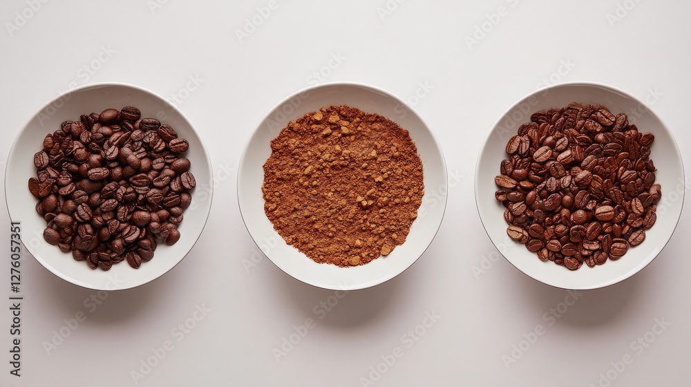 Various coffee products displayed in white bowls, showcasing beans and ground coffee on neutral background Various coffee products displayed in white bowls, showcasing beans and ground coffee on neutral background