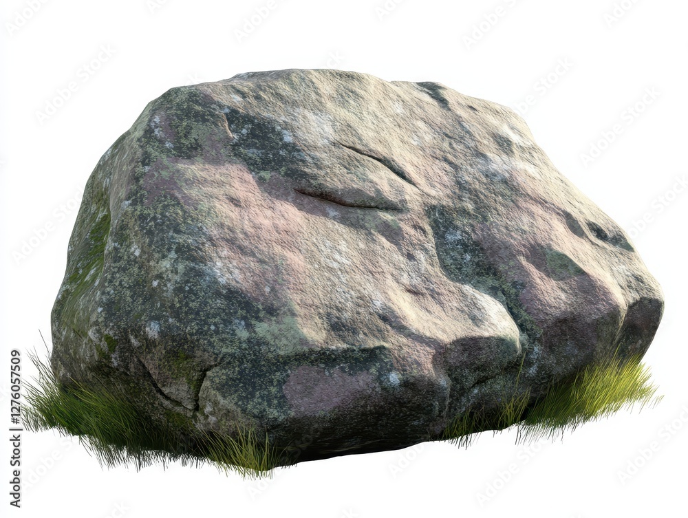 Fototapeta premium Large mossy boulder isolated on white background, perfect for game assets or landscaping designs.