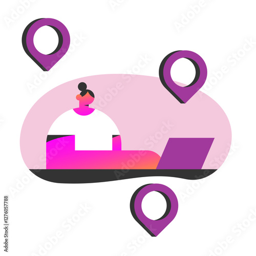 Digital nomad. Freedom to work anywhere by using computer with internet. Work and travel freelancer, remote job concept. Young adult woman working on map location pin using computer laptop.