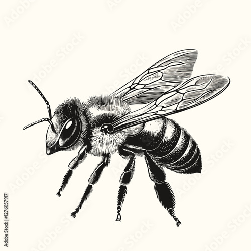 Vector woodcut engraving illustration of an engraved honey bee isolated on a white background
