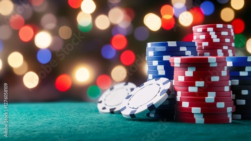 Festive Casino Chips and Gamble Table - Casino night, gambling chips, stacks of poker chips, festive lights, bokeh background. Symbolizing luck, chance, risk, wealth, and entertainment
