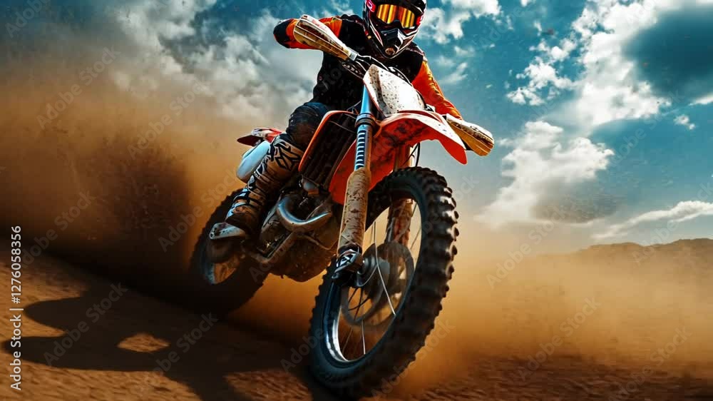 Action-packed motocross rider speeding through sandy terrain under a vibrant sky Action-packed motocross rider speeding through sandy terrain under a vibrant sky