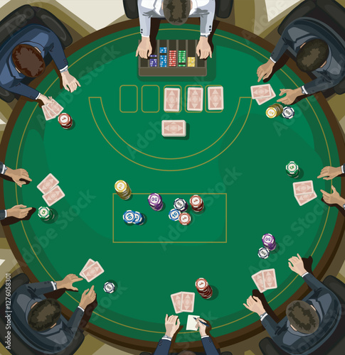close up top view poker round table with croupier game vegas risk realistic flat vector illustration