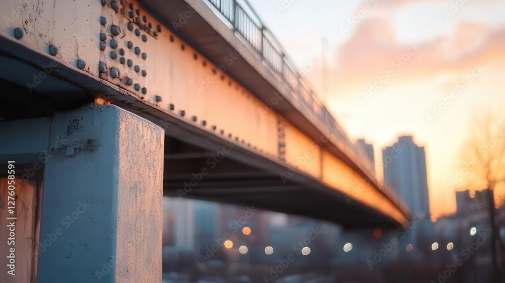 Muted urban industrial bridge at sunset, soft pastel sky, low saturation, cinematic tone Muted urban industrial bridge at sunset, soft pastel sky, low saturation, cinematic tone